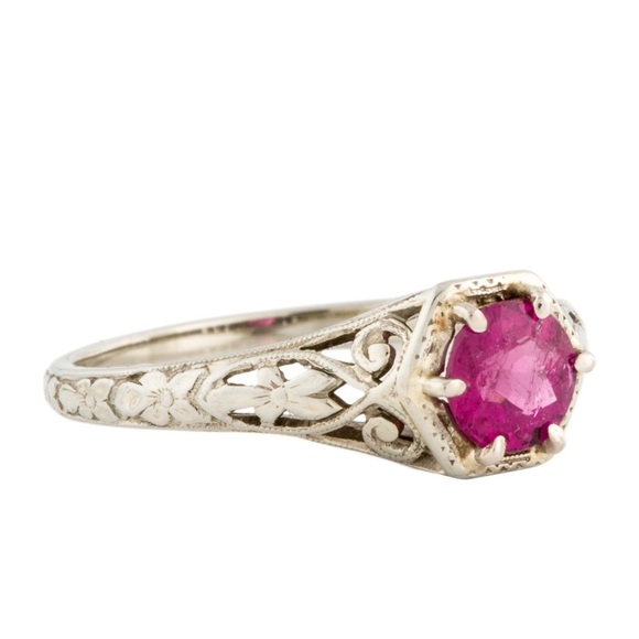 Antique 18K White Gold Art Deco Orange Blossom Tourmaline Solitaire Ring 5.75 - Picture 14 of 15